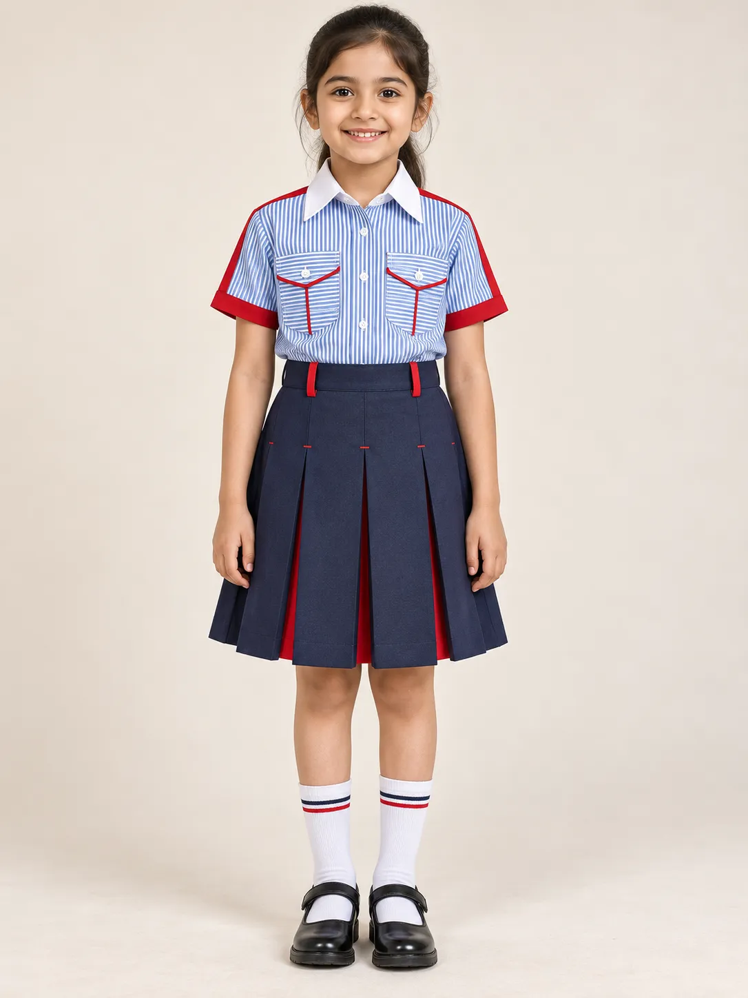GD Goenka Junior Girls’ Summer Uniform | Blue Stripes, Navy & Red