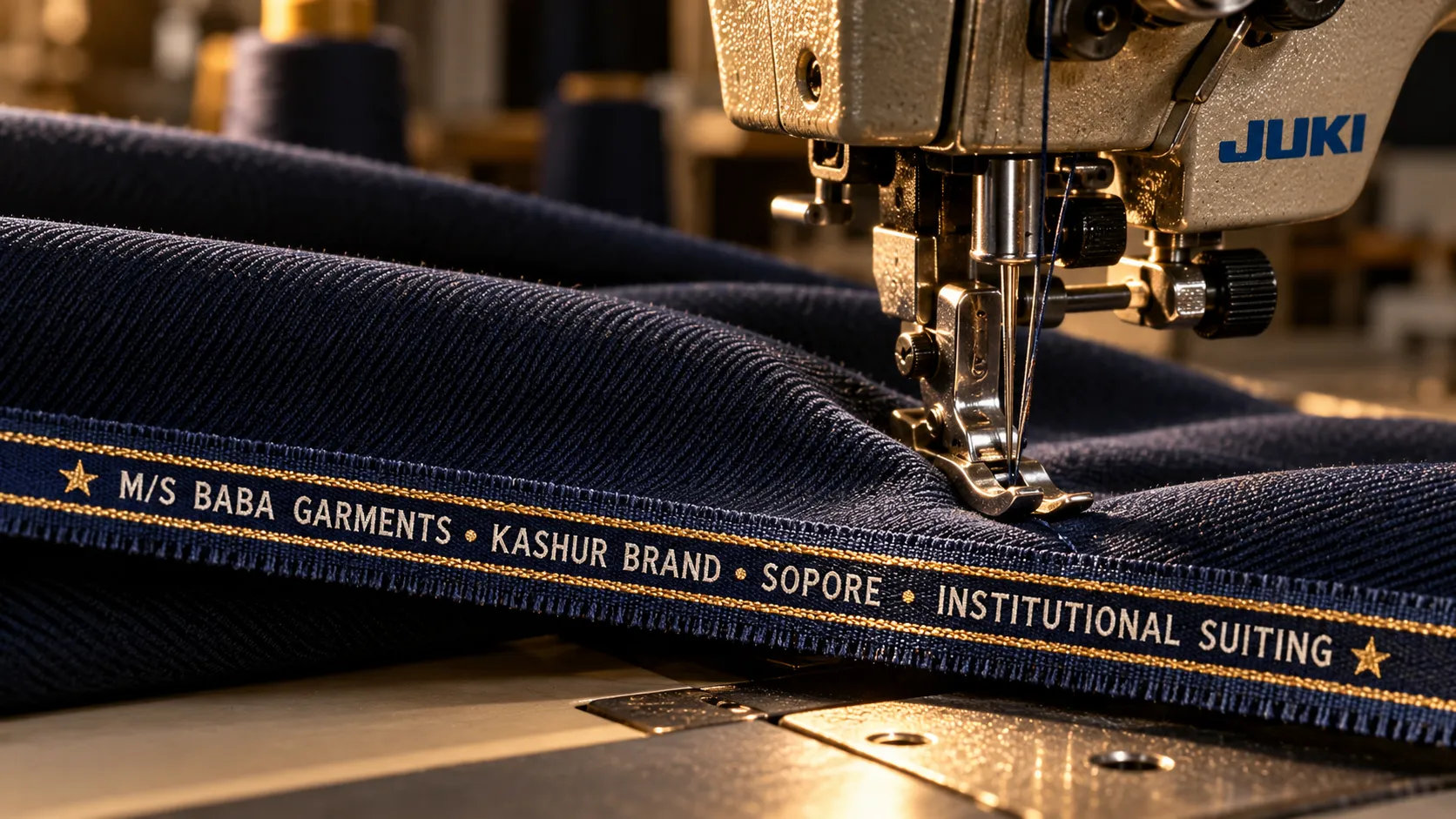 Sewing machine stitching navy institutional suiting with Kashur Brand and M/S Baba’s Readymade & School Uniforms branding